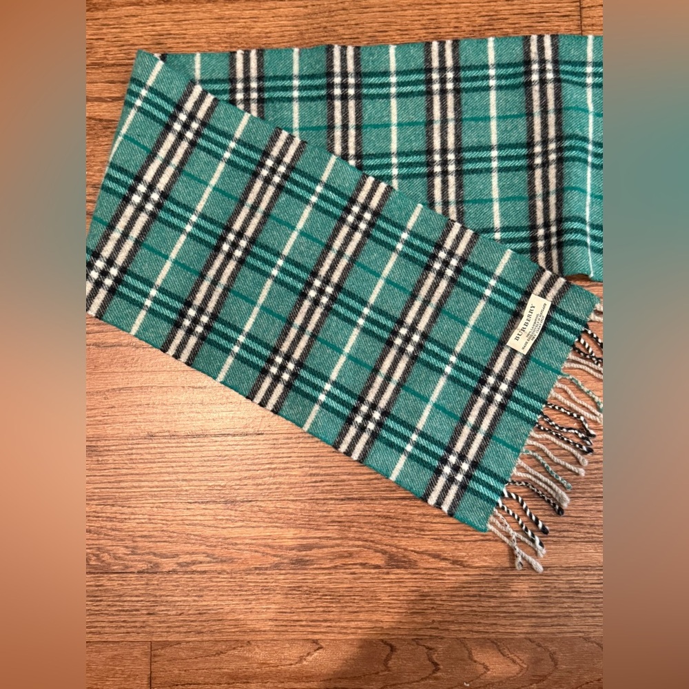 Burberry Teal Plaid Lambswool Scarf with Black & White Checks